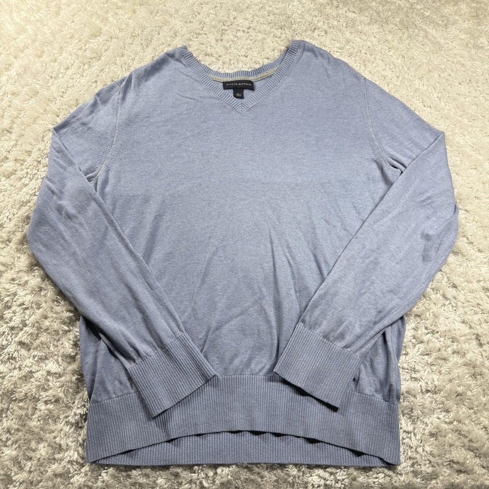 Banana Republic Sweater Mens L Blue V Neck Silk Linen Preppy Quiet Luxury Casual
